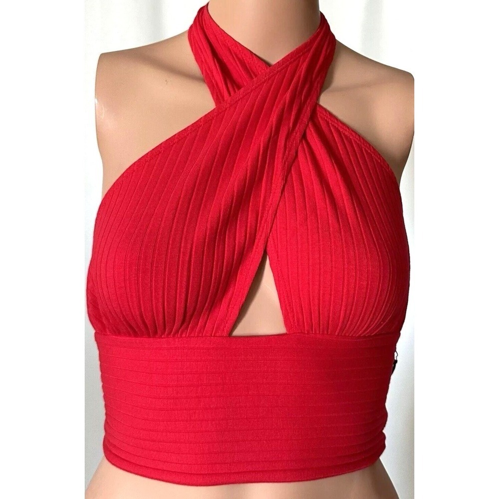 Callahan Revolve Knitwear Halter Top Womens S Mimi Cross Tank Red Front Rib Crop